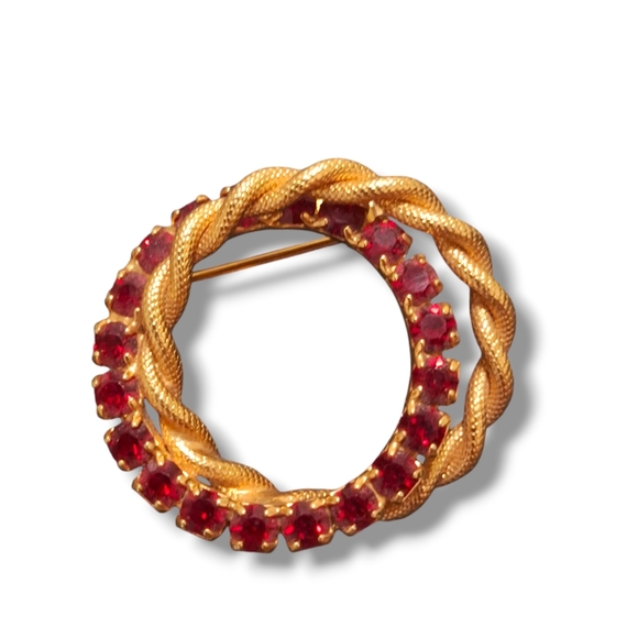 Vtg Unsigned Gold Tone & Red Rhinestone Double Circle Brooch & Earring Set - Picture 5 of 8